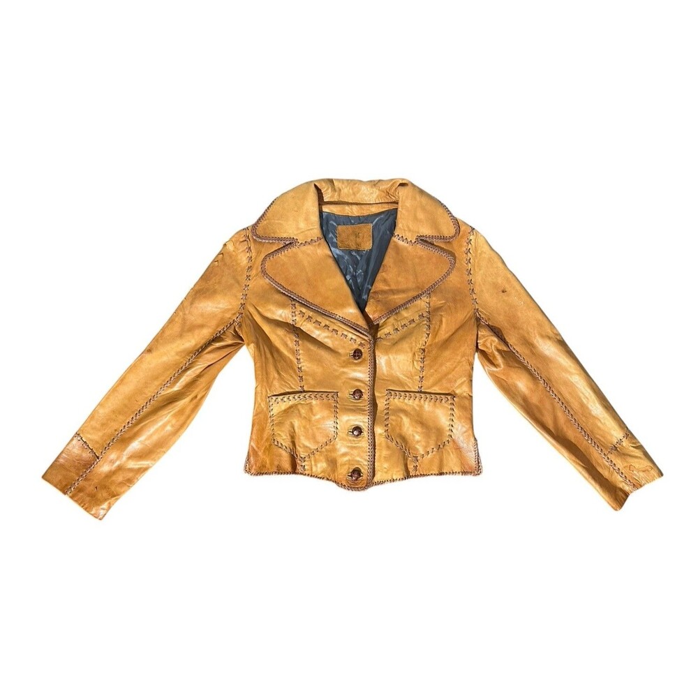 Vtg Soft leather whipstitch hippie boho jacket Unisex 18.25” Pit 22” Long *worn*
